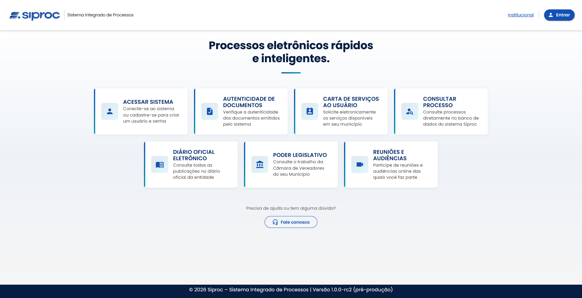 Portal do SIPROC mostrando os serviços disponíveis: Carta de Serviços ao Usuário, Consultar Processo, Diário Oficial Eletrônico, Poder Legislativo, Reuniões e Audiências